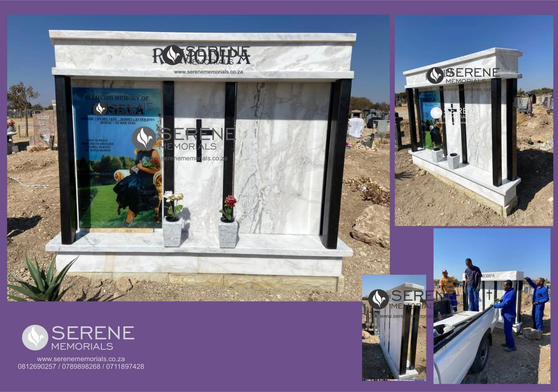 Completed tombstone memorial by Serene Memorials, serving South Africa and the SADC region