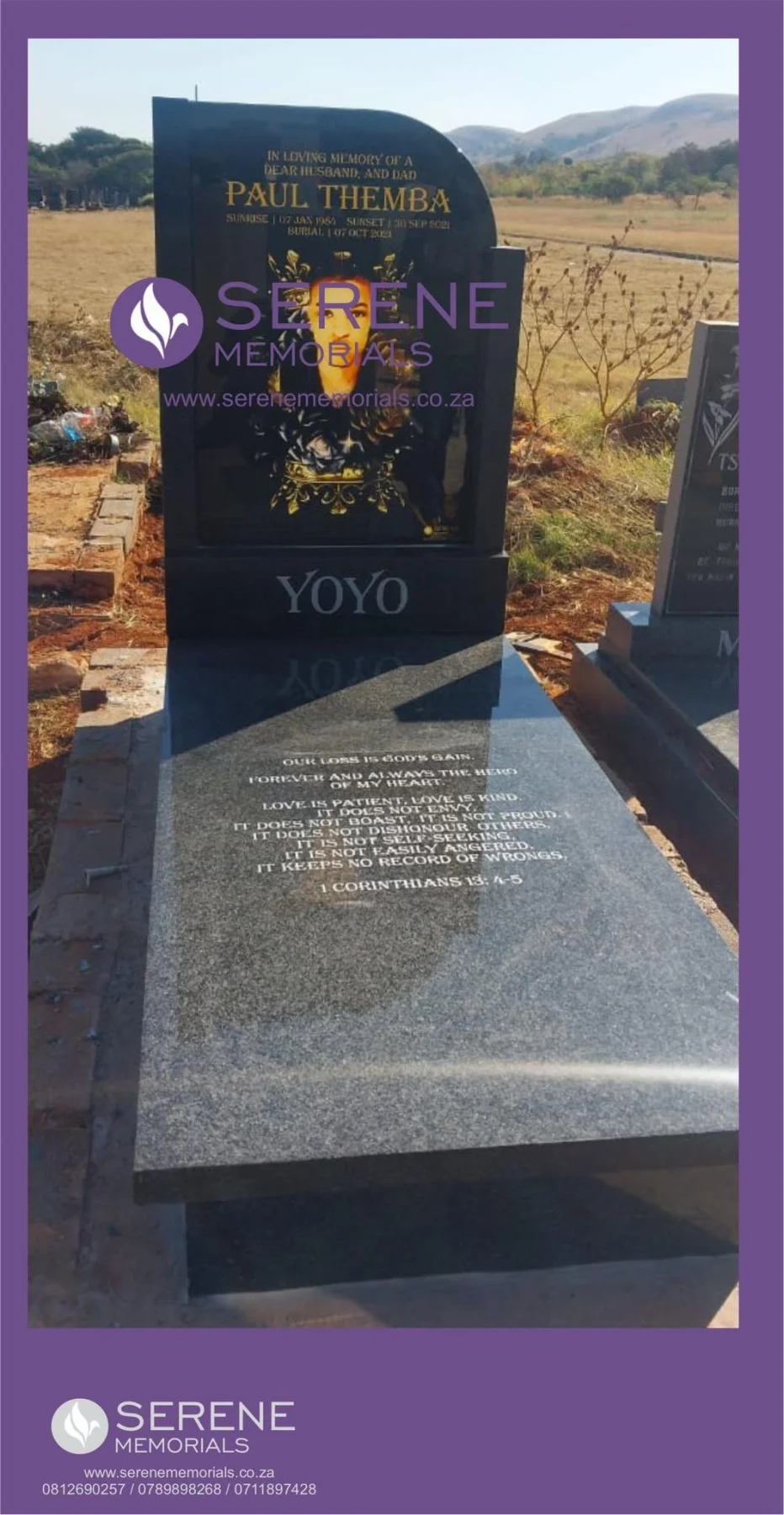 Completed tombstone memorial by Serene Memorials, serving South Africa and the SADC region