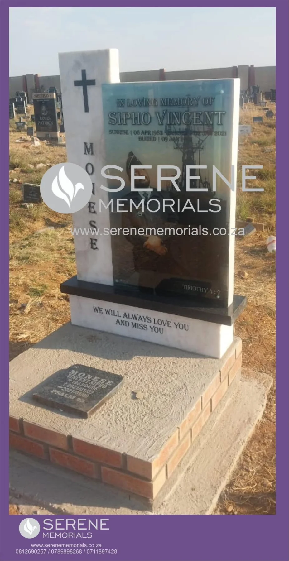 Completed tombstone memorial by Serene Memorials, serving South Africa and the SADC region