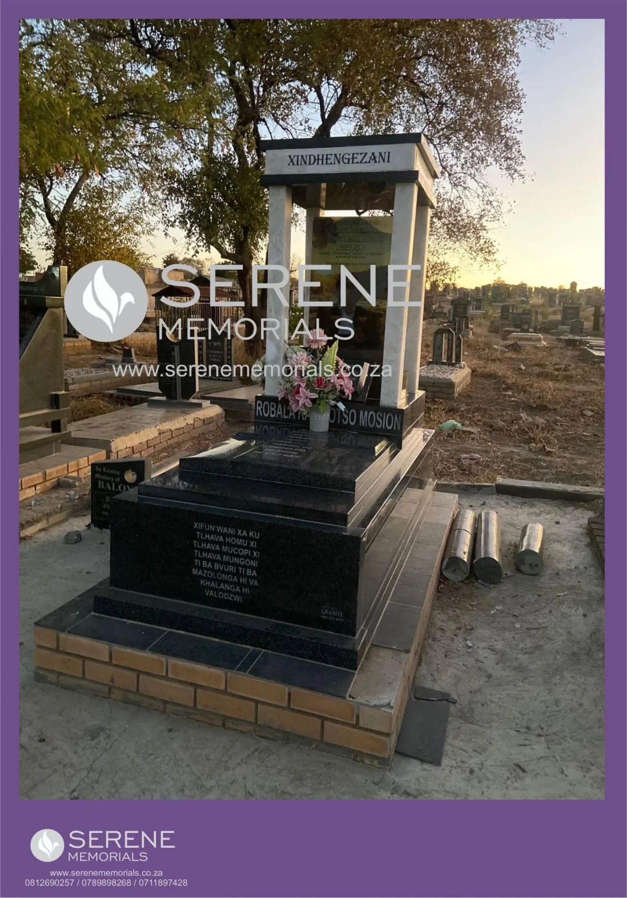 Completed tombstone memorial by Serene Memorials, serving South Africa and the SADC region