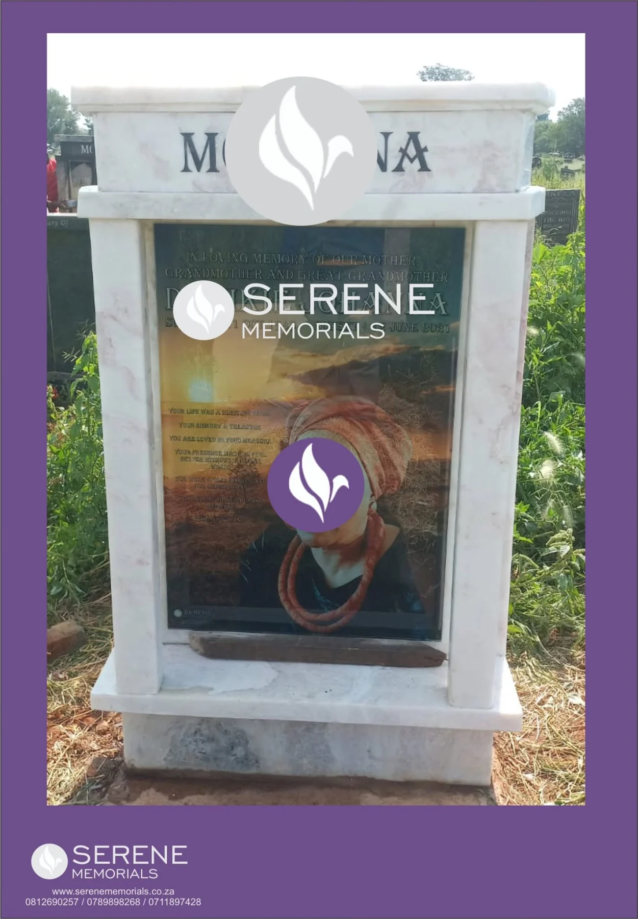 Completed tombstone memorial by Serene Memorials, serving South Africa and the SADC region