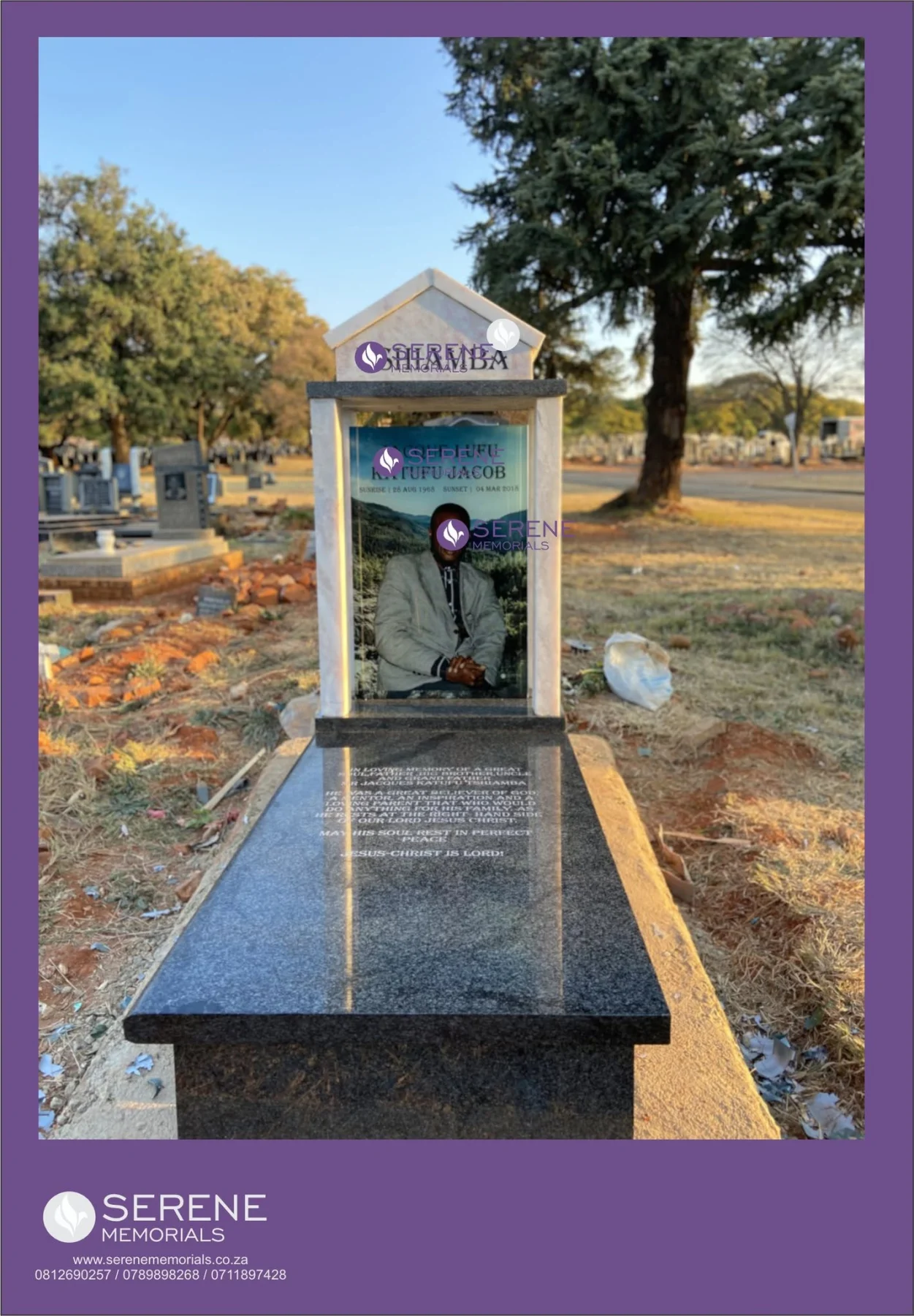 Completed tombstone memorial by Serene Memorials, serving South Africa and the SADC region