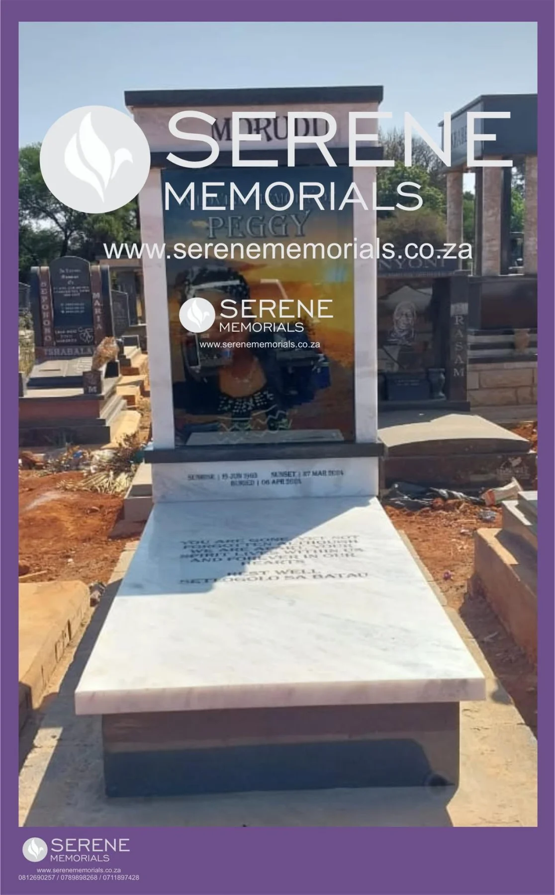 Completed tombstone memorial by Serene Memorials, serving South Africa and the SADC region