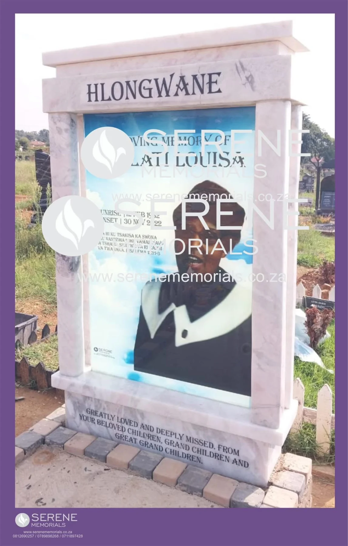 Completed tombstone memorial by Serene Memorials, serving South Africa and the SADC region