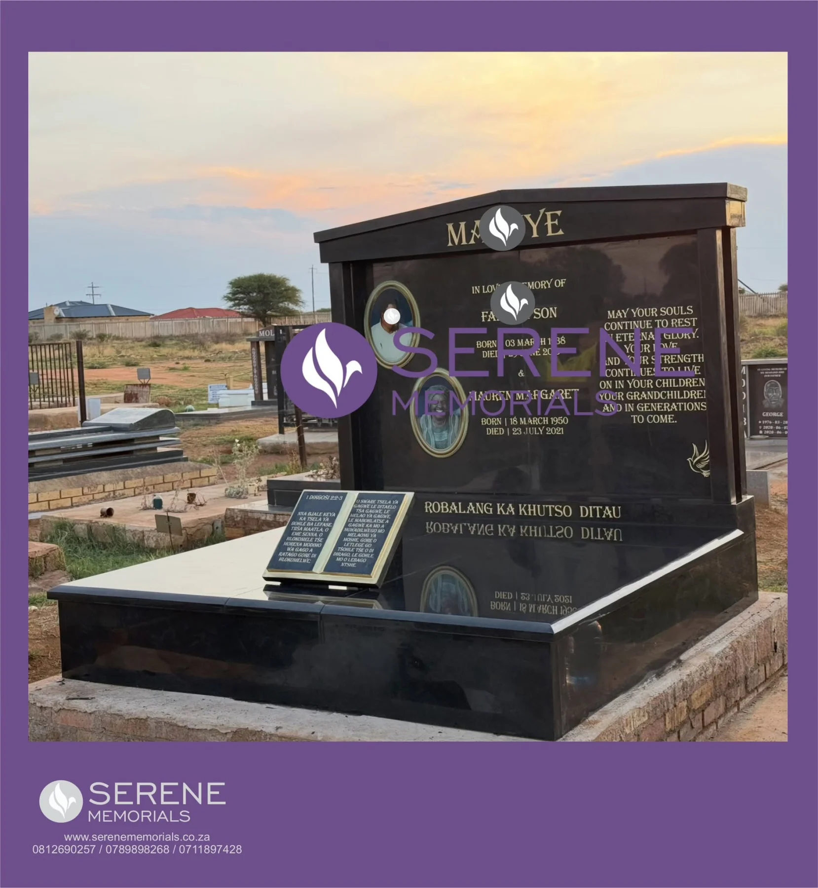 Completed tombstone memorial by Serene Memorials, serving South Africa and the SADC region
