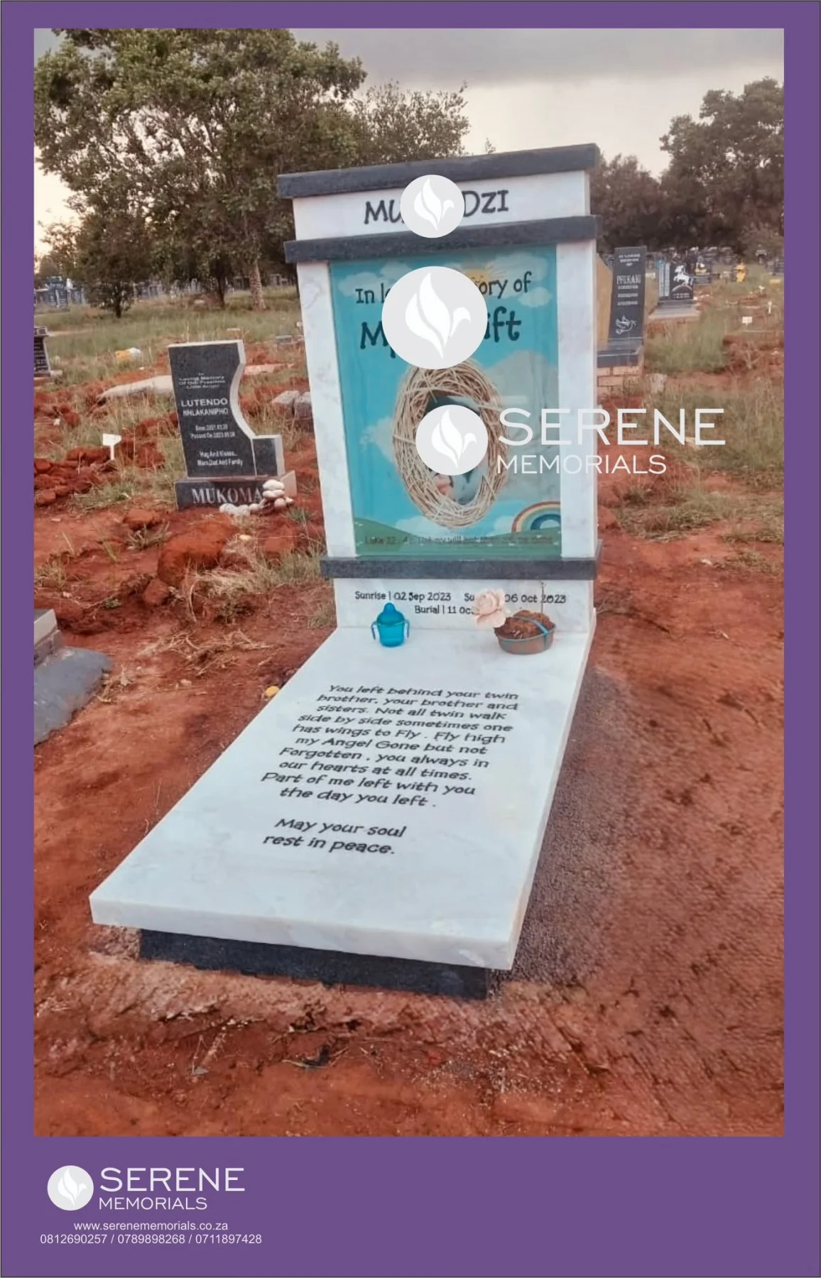 Completed tombstone memorial by Serene Memorials, serving South Africa and the SADC region