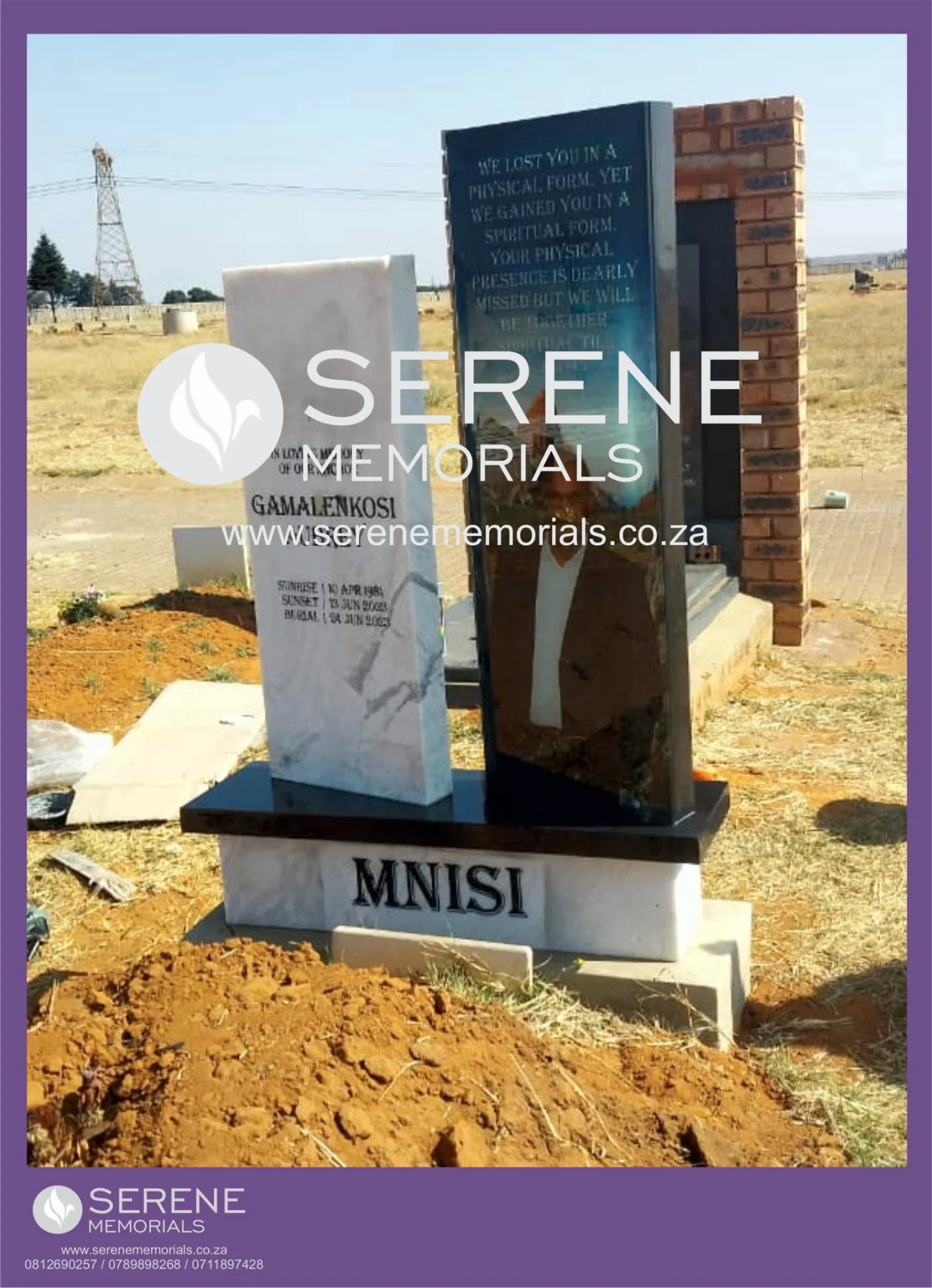 Completed tombstone memorial by Serene Memorials, serving South Africa and the SADC region