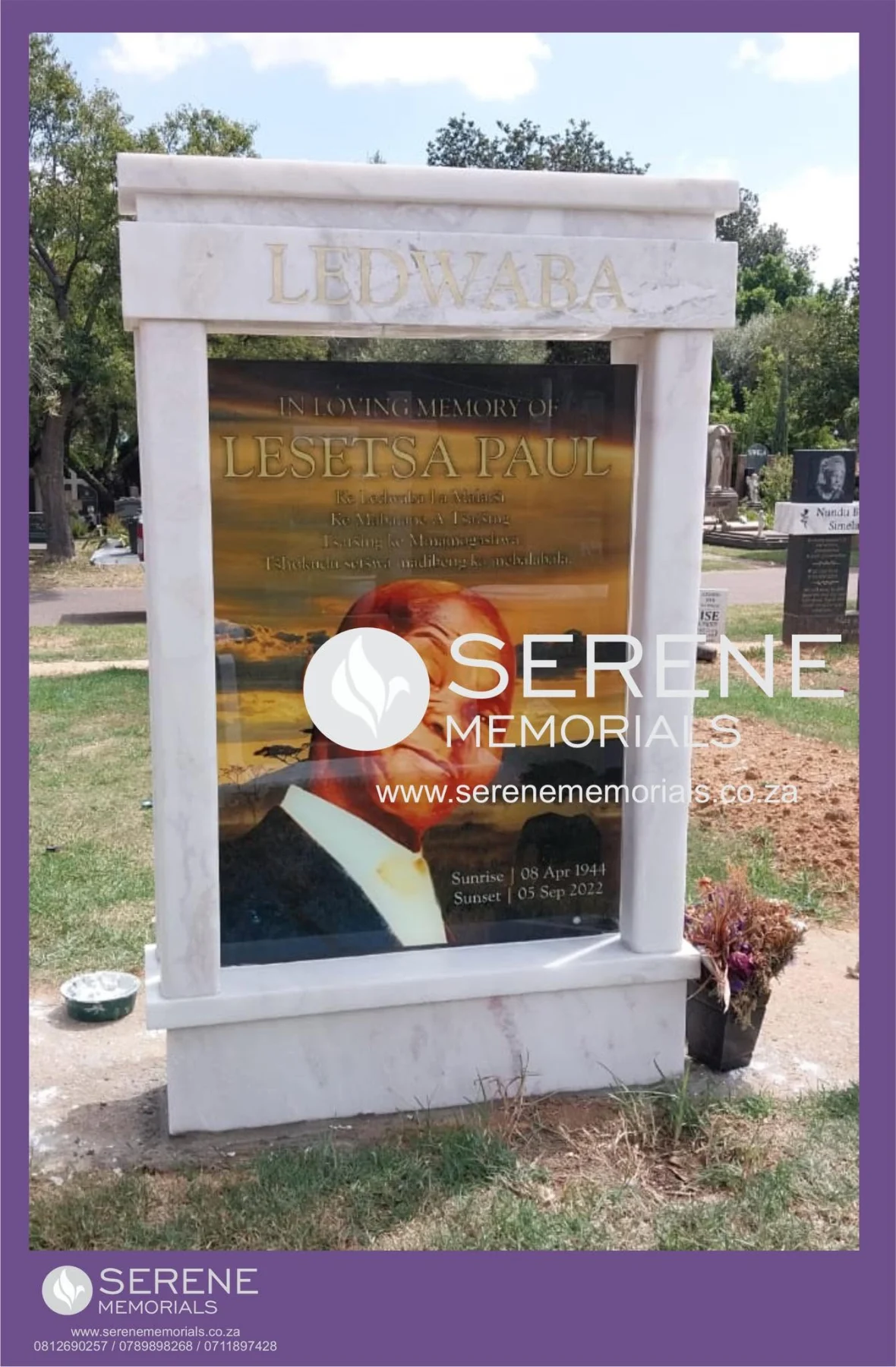 Completed tombstone memorial by Serene Memorials, serving South Africa and the SADC region