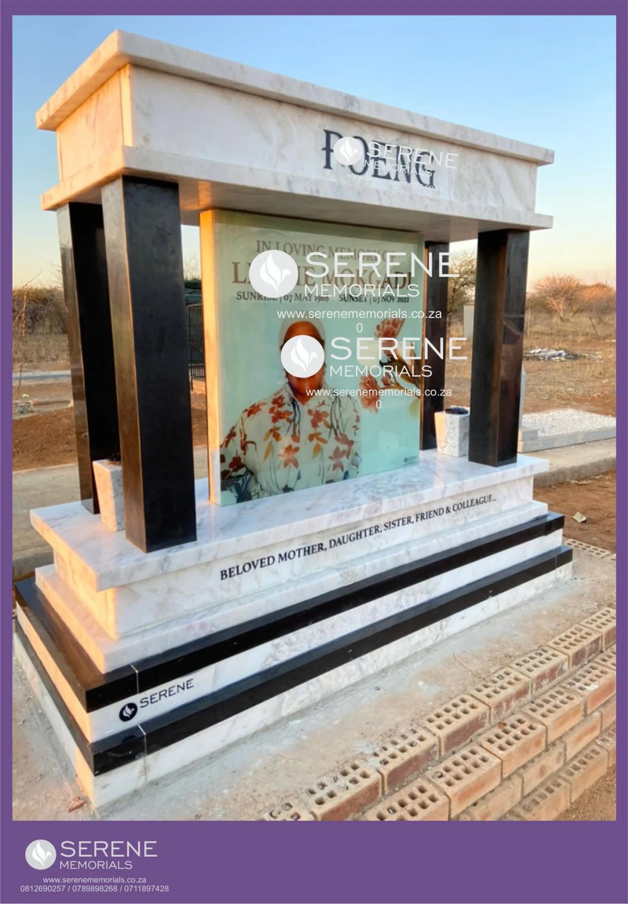 Completed tombstone memorial by Serene Memorials, serving South Africa and the SADC region