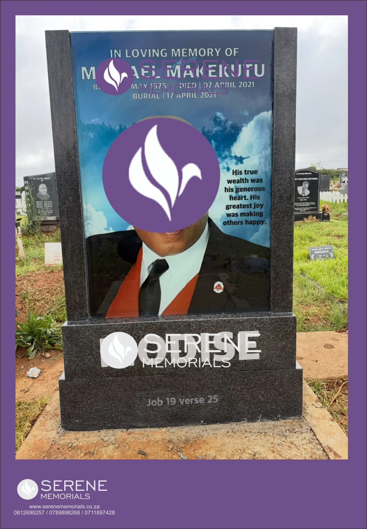 Completed tombstone memorial by Serene Memorials, serving South Africa and the SADC region