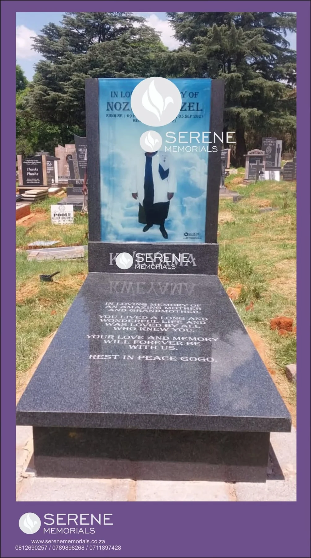 Completed tombstone memorial by Serene Memorials, serving South Africa and the SADC region