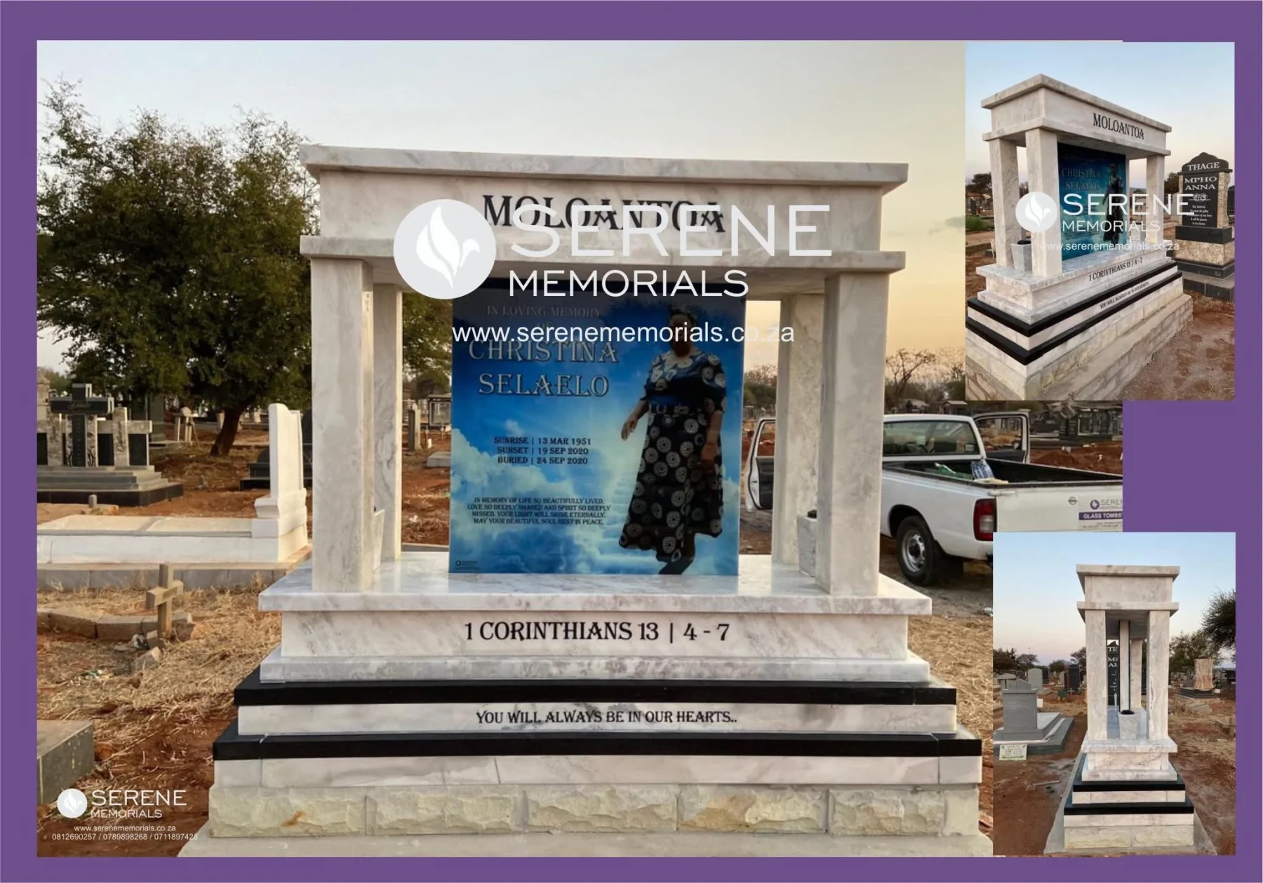 Completed tombstone memorial by Serene Memorials, serving South Africa and the SADC region
