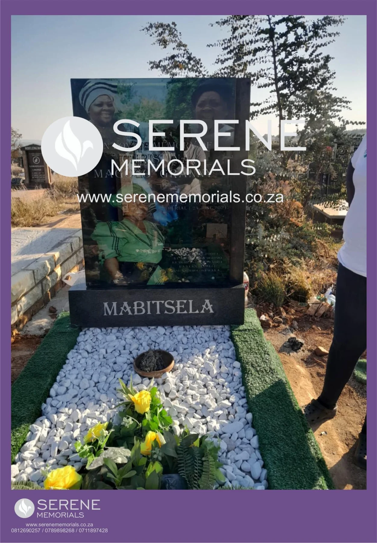 Completed tombstone memorial by Serene Memorials, serving South Africa and the SADC region