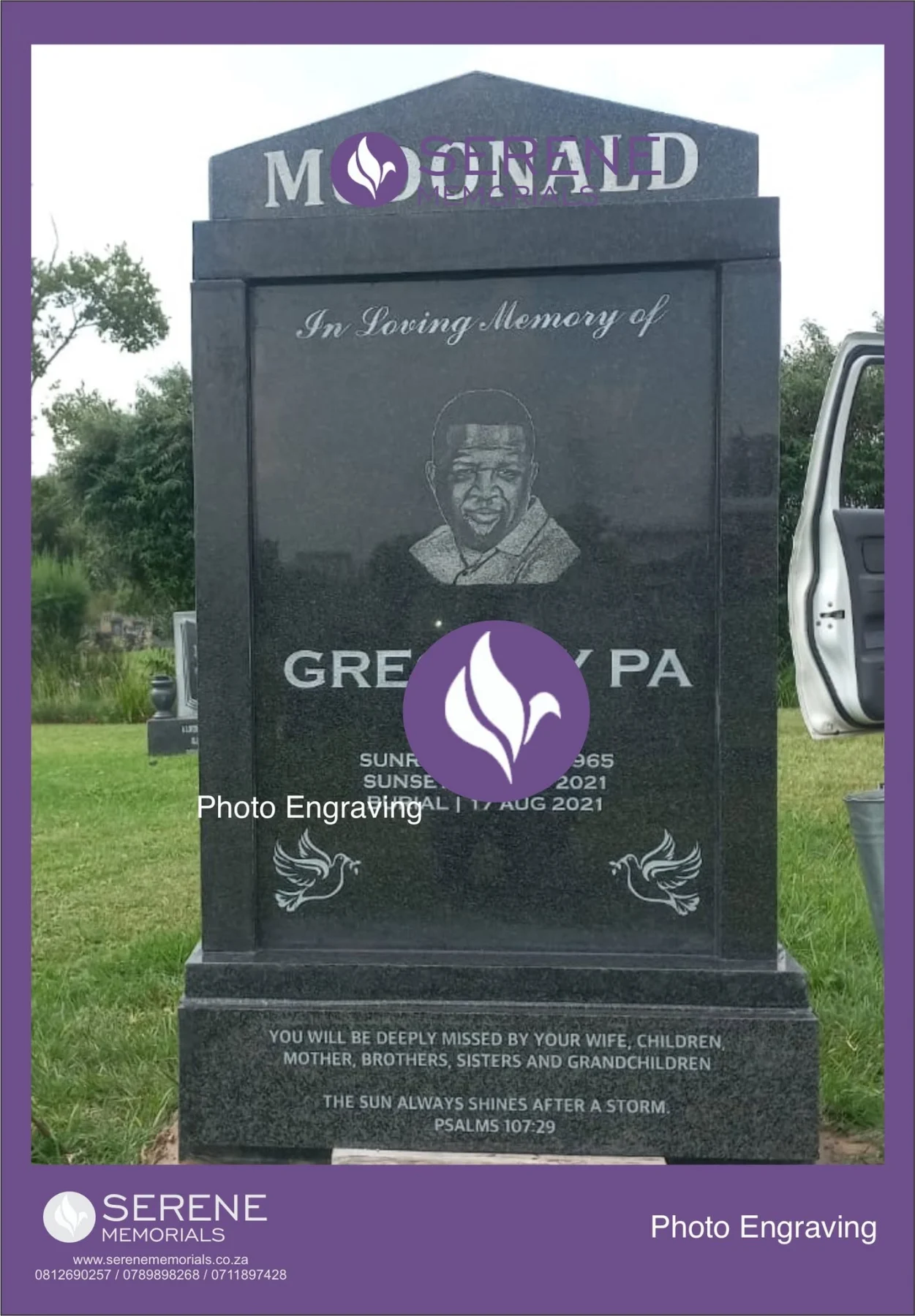 Completed tombstone memorial by Serene Memorials, serving South Africa and the SADC region