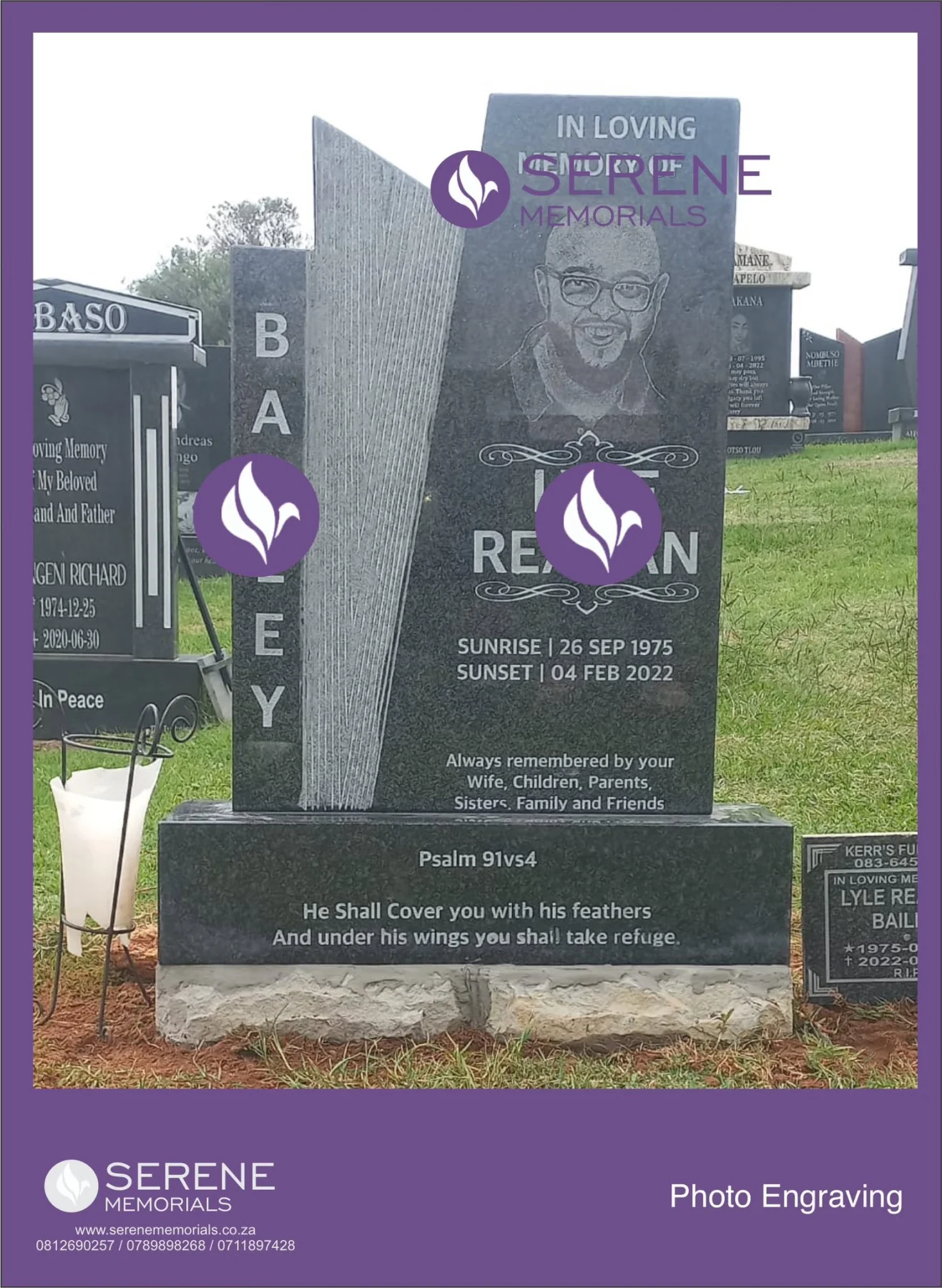 Completed tombstone memorial by Serene Memorials, serving South Africa and the SADC region