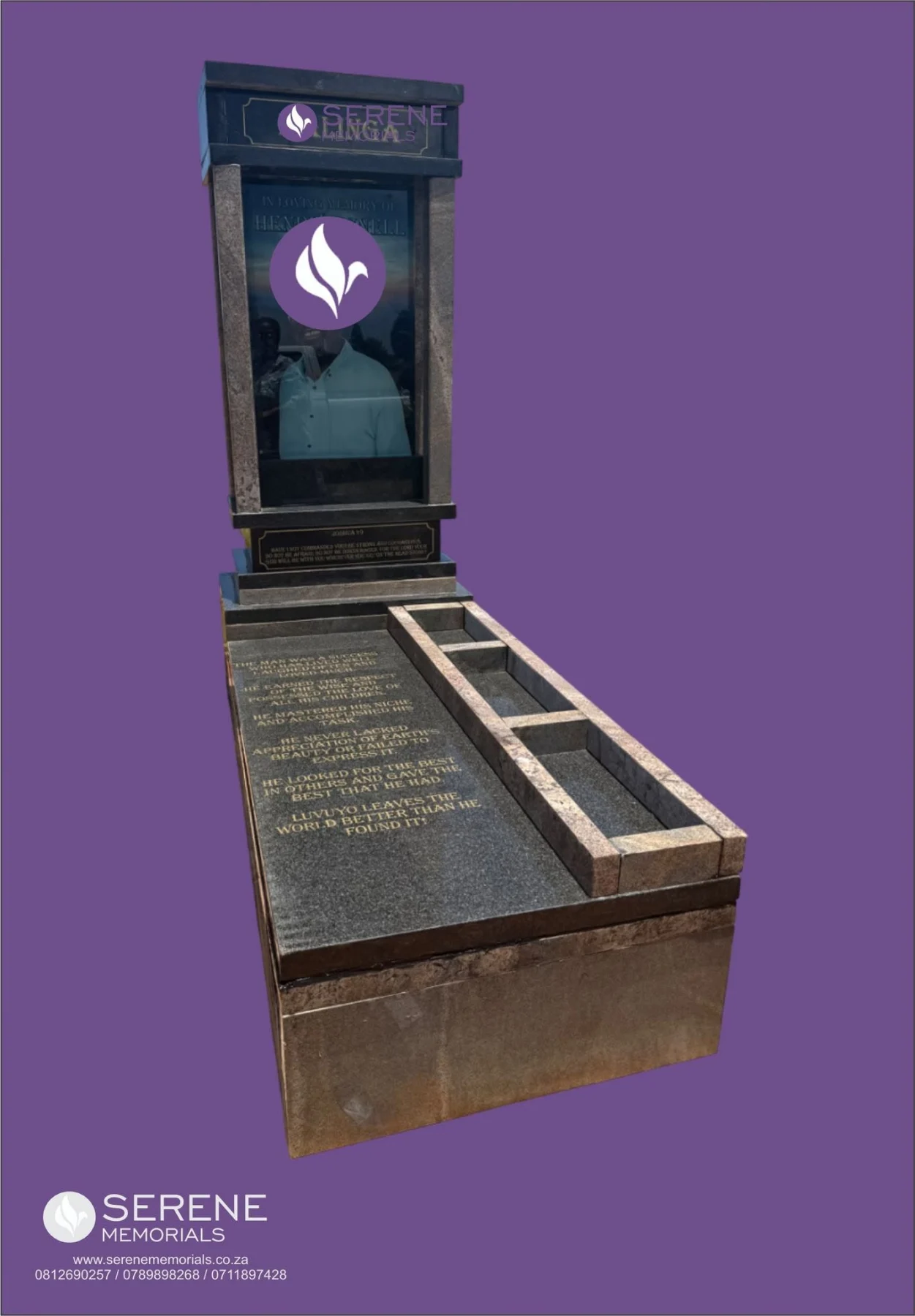 Completed tombstone memorial by Serene Memorials, serving South Africa and the SADC region