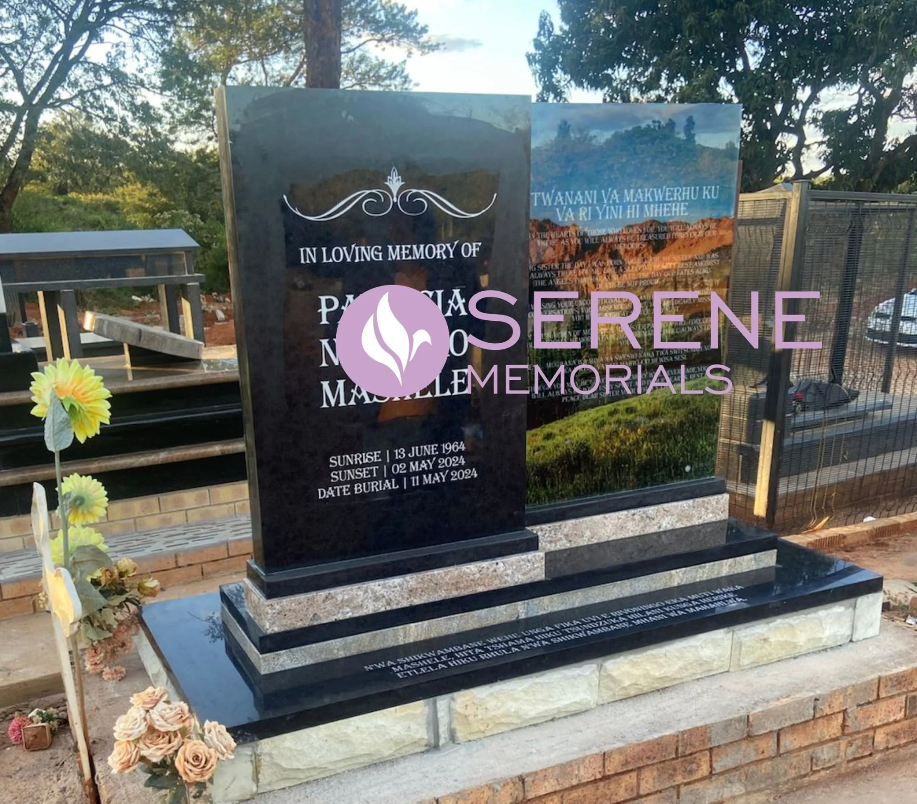Completed tombstone memorial by Serene Memorials, serving South Africa and the SADC region