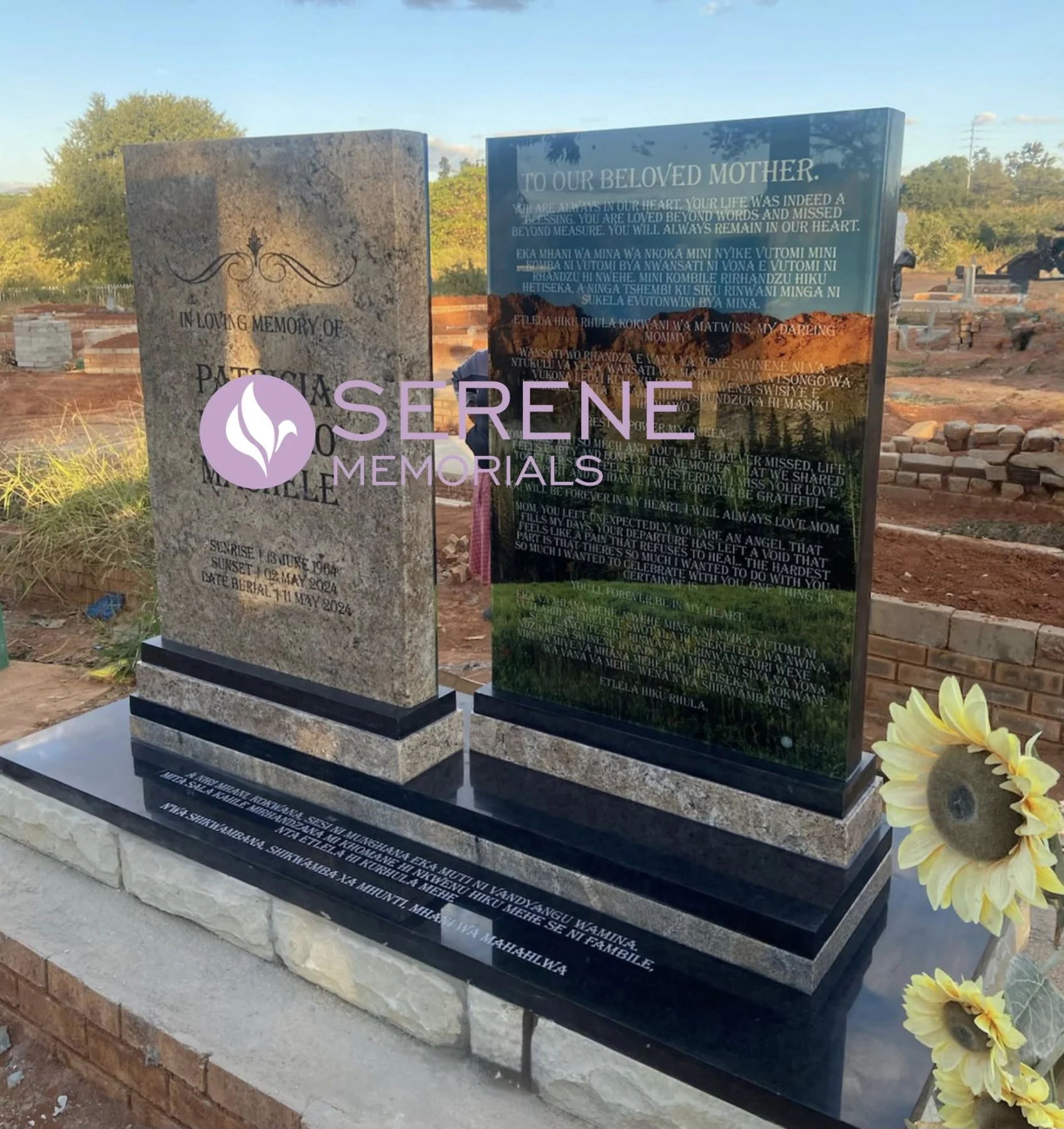 Completed tombstone memorial by Serene Memorials, serving South Africa and the SADC region