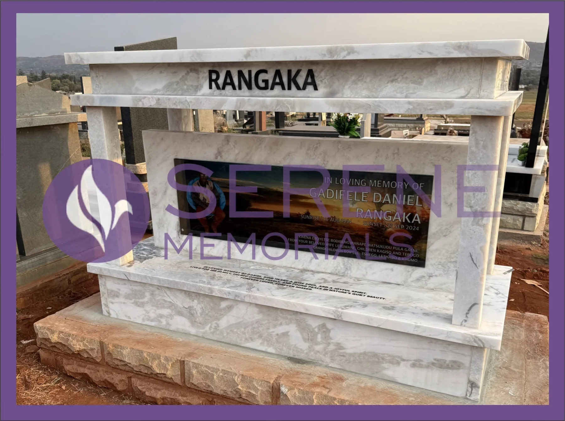 Completed tombstone memorial by Serene Memorials, serving South Africa and the SADC region