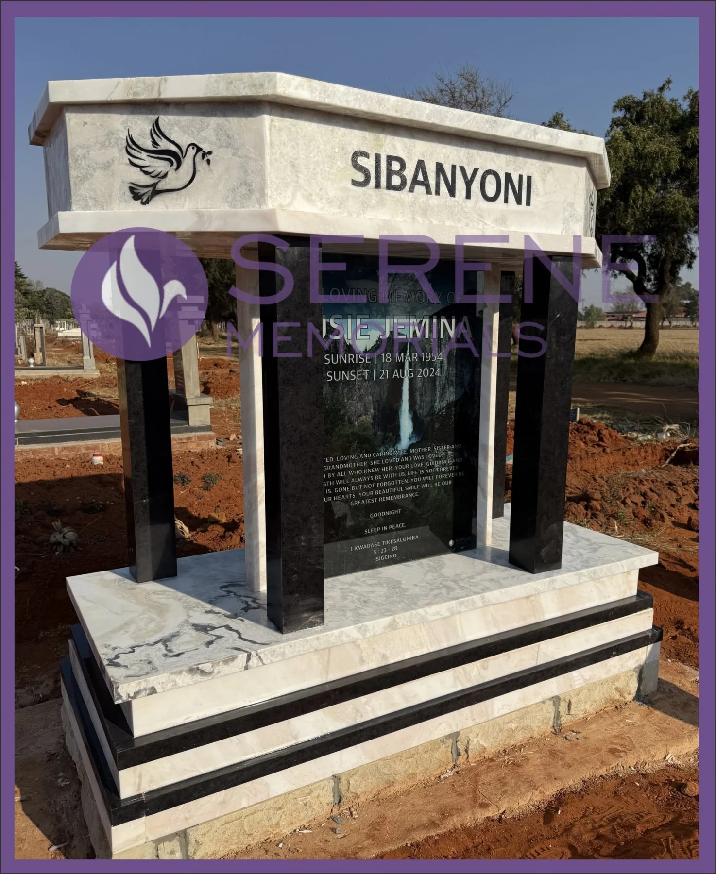 Completed tombstone memorial by Serene Memorials, serving South Africa and the SADC region