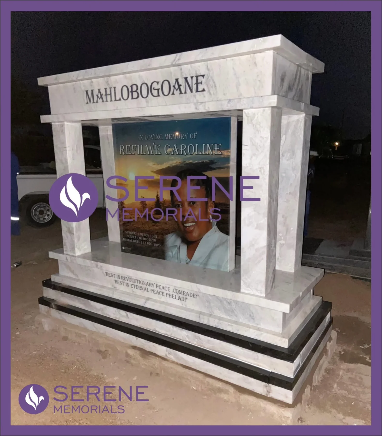 Completed tombstone memorial by Serene Memorials, serving South Africa and the SADC region