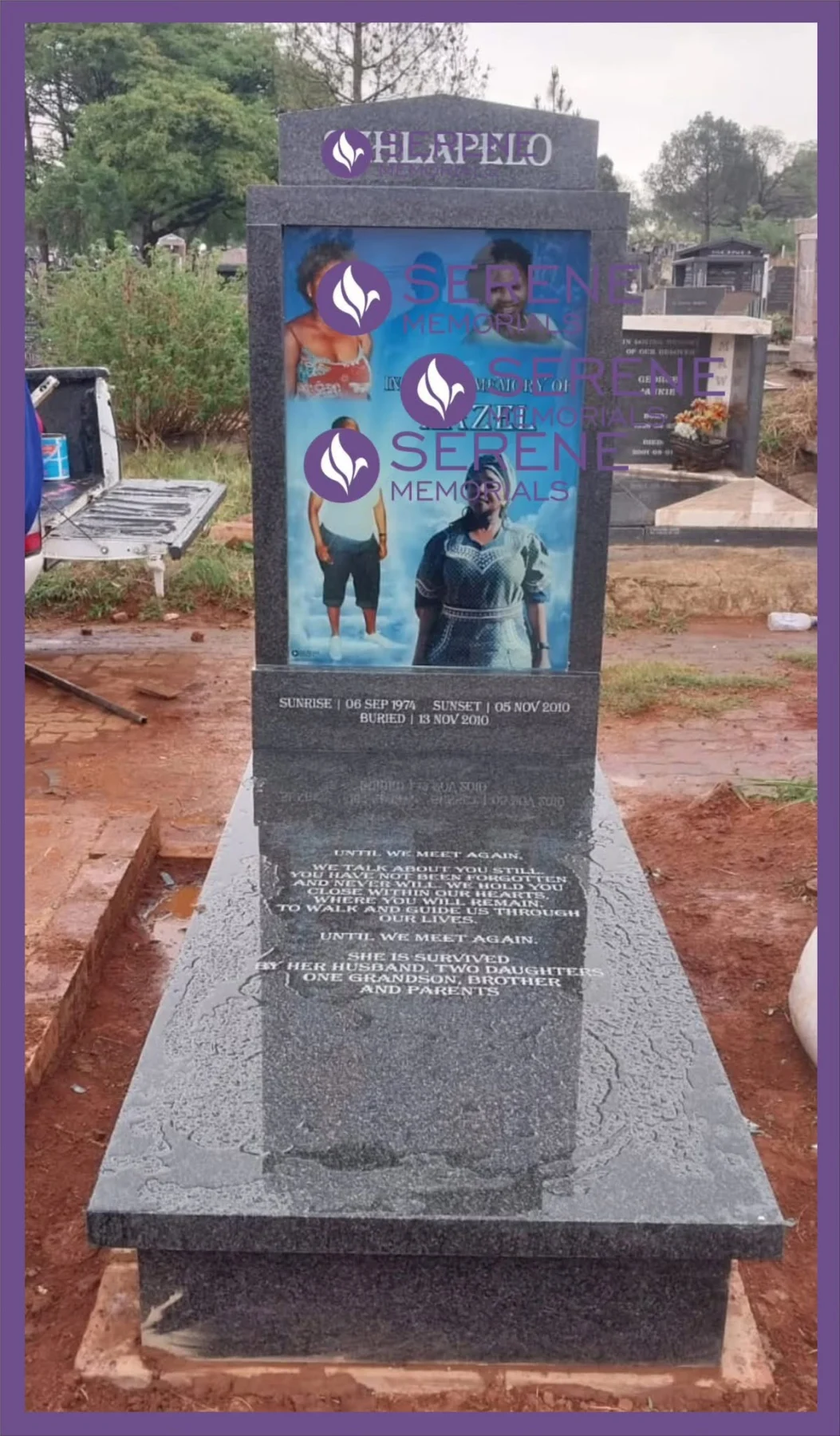 Completed tombstone memorial by Serene Memorials, serving South Africa and the SADC region