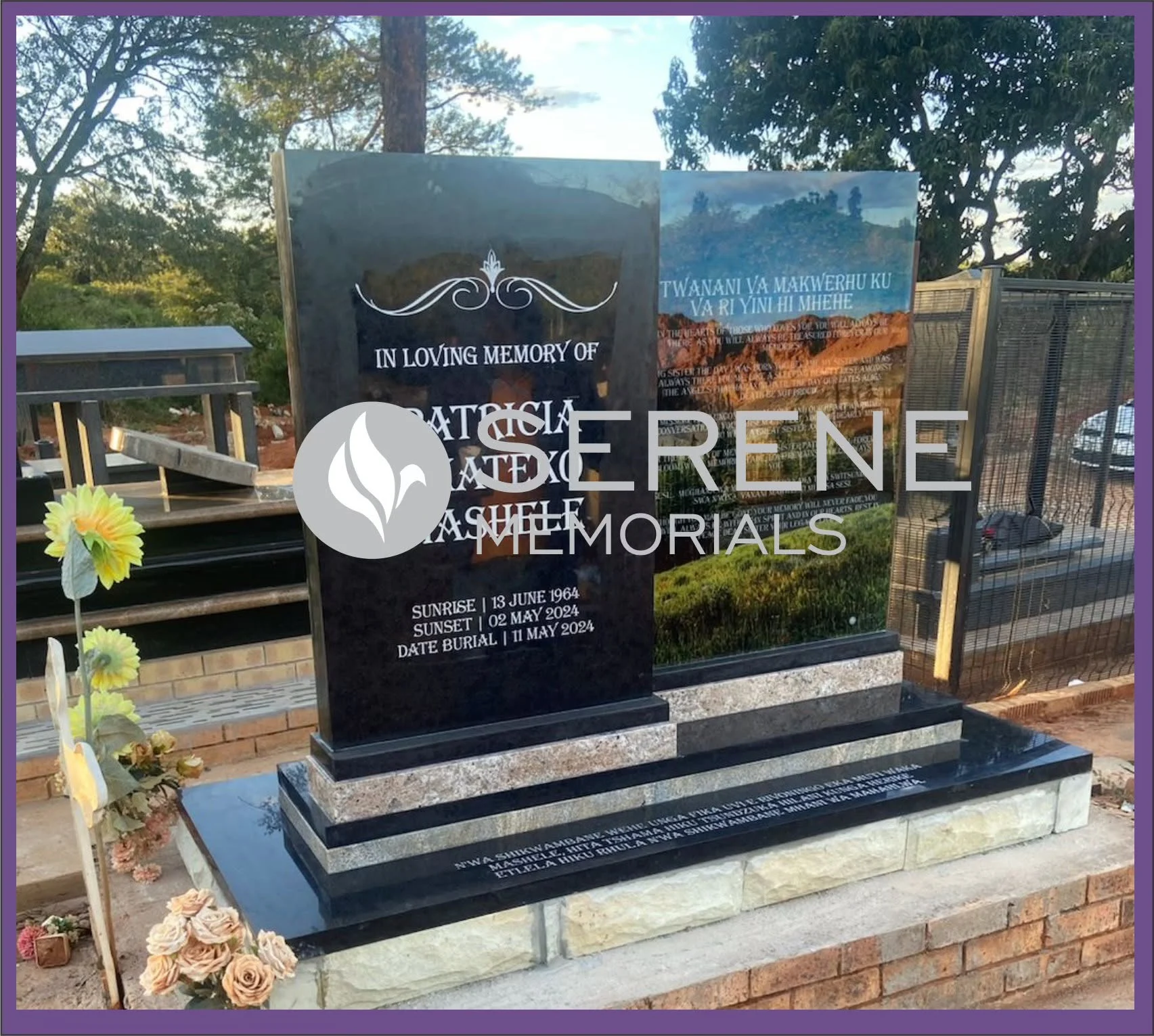 Completed tombstone memorial by Serene Memorials, serving South Africa and the SADC region