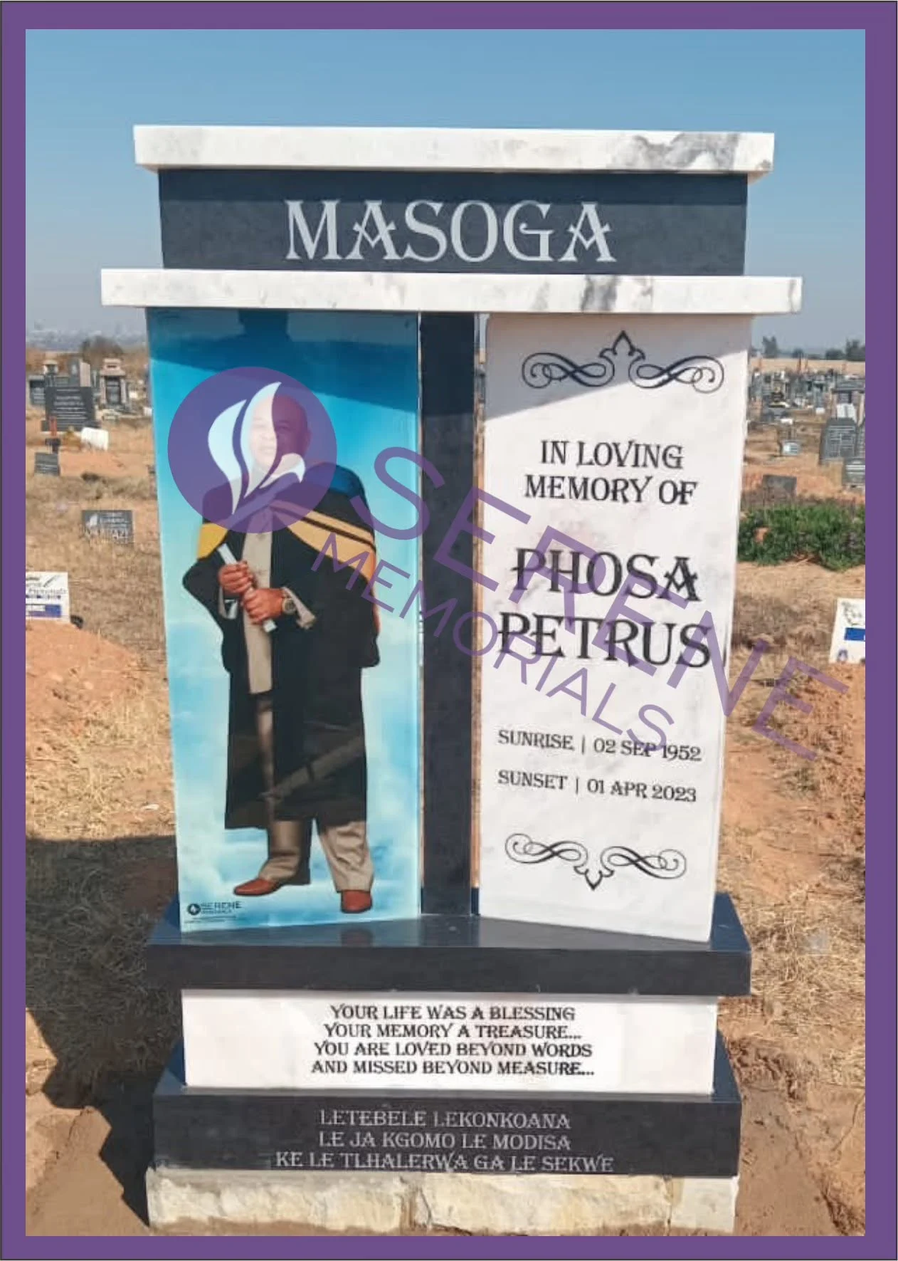Completed tombstone memorial by Serene Memorials, serving South Africa and the SADC region