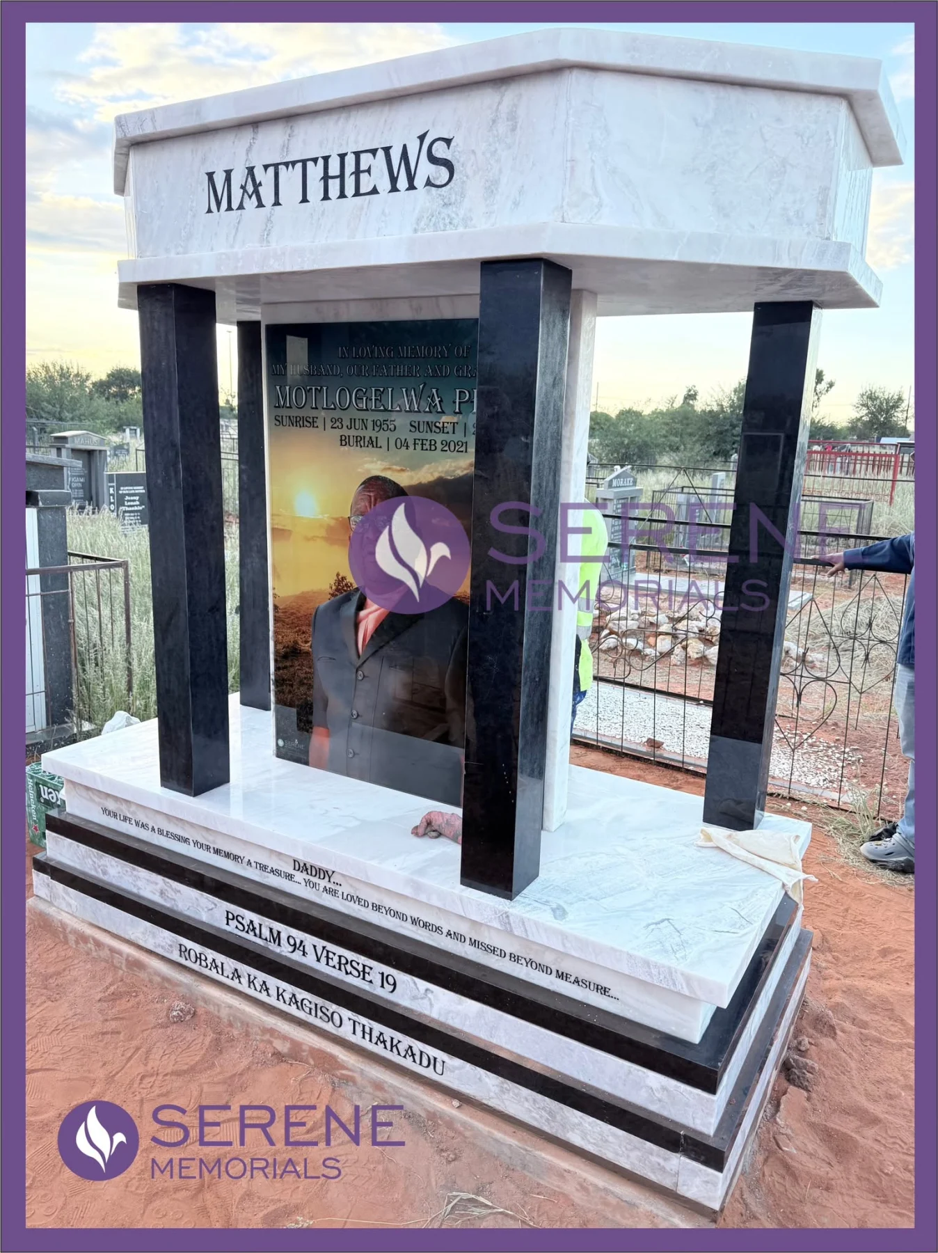 Completed tombstone memorial by Serene Memorials, serving South Africa and the SADC region
