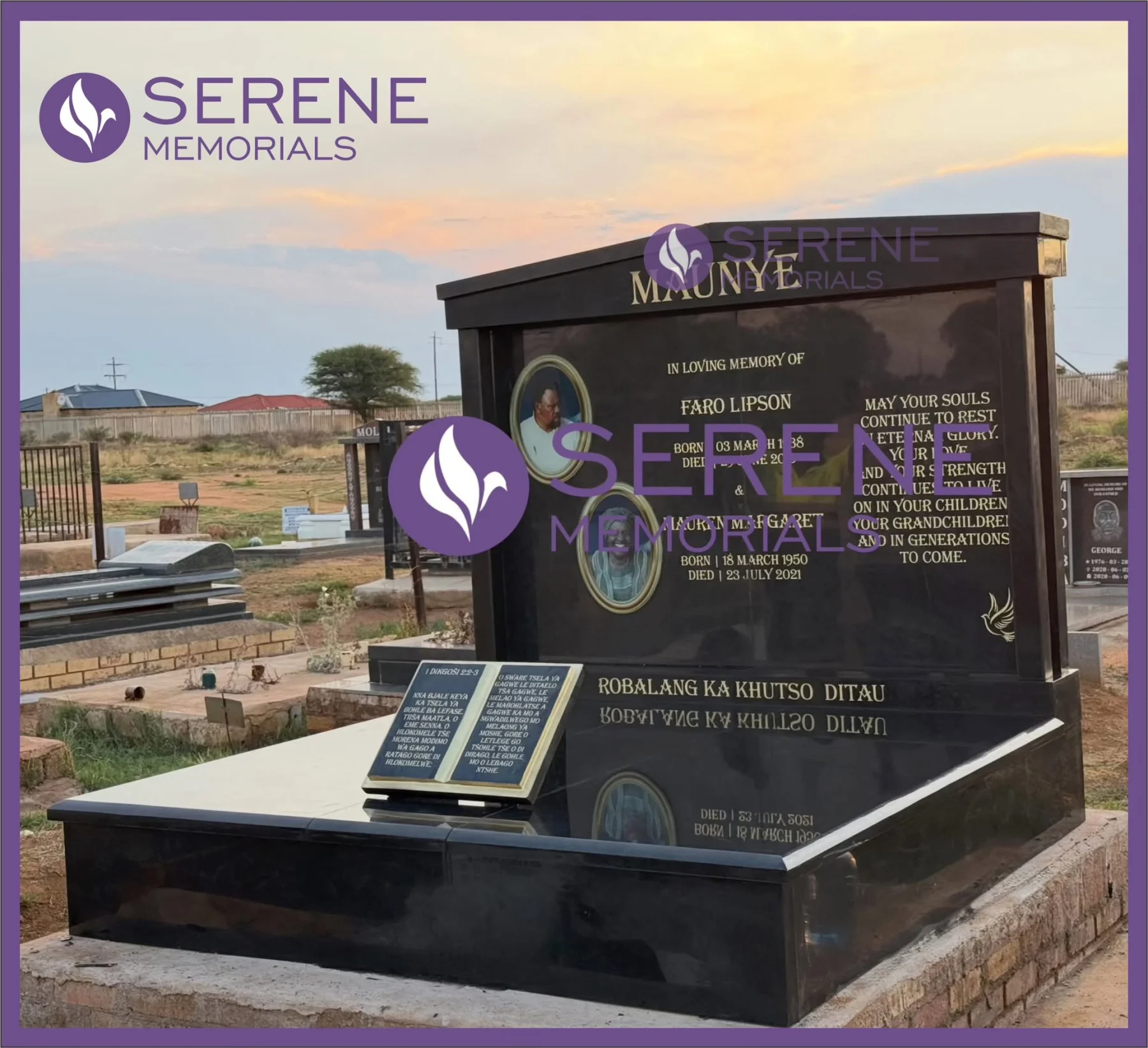 Completed tombstone memorial by Serene Memorials, serving South Africa and the SADC region