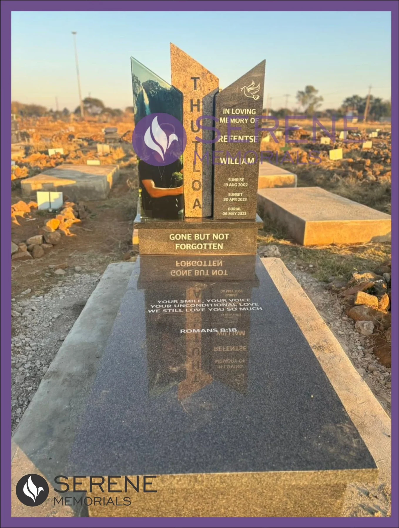 Completed tombstone memorial by Serene Memorials, serving South Africa and the SADC region