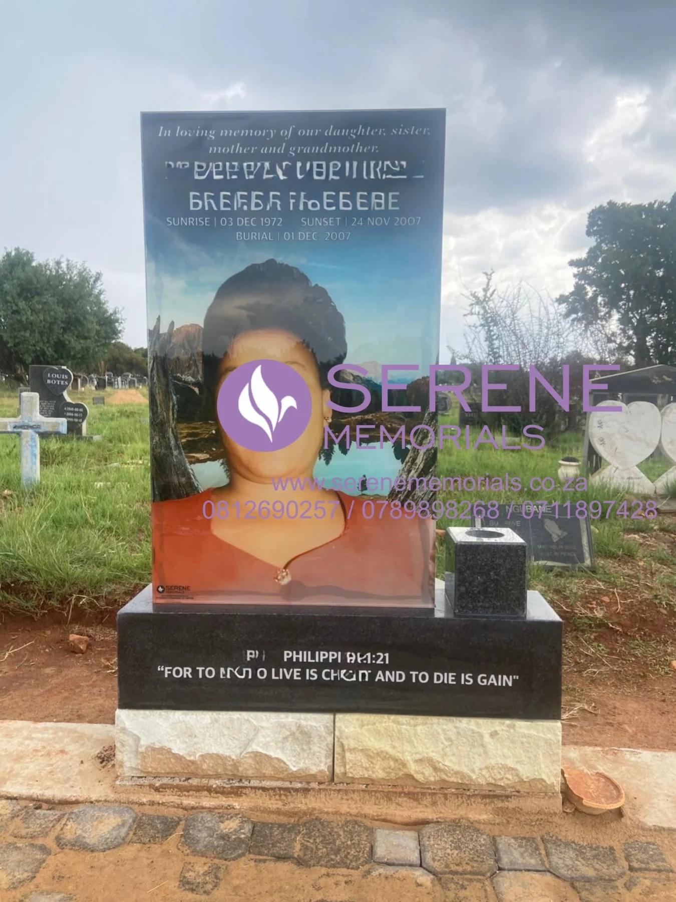 Completed tombstone memorial by Serene Memorials, serving South Africa and the SADC region