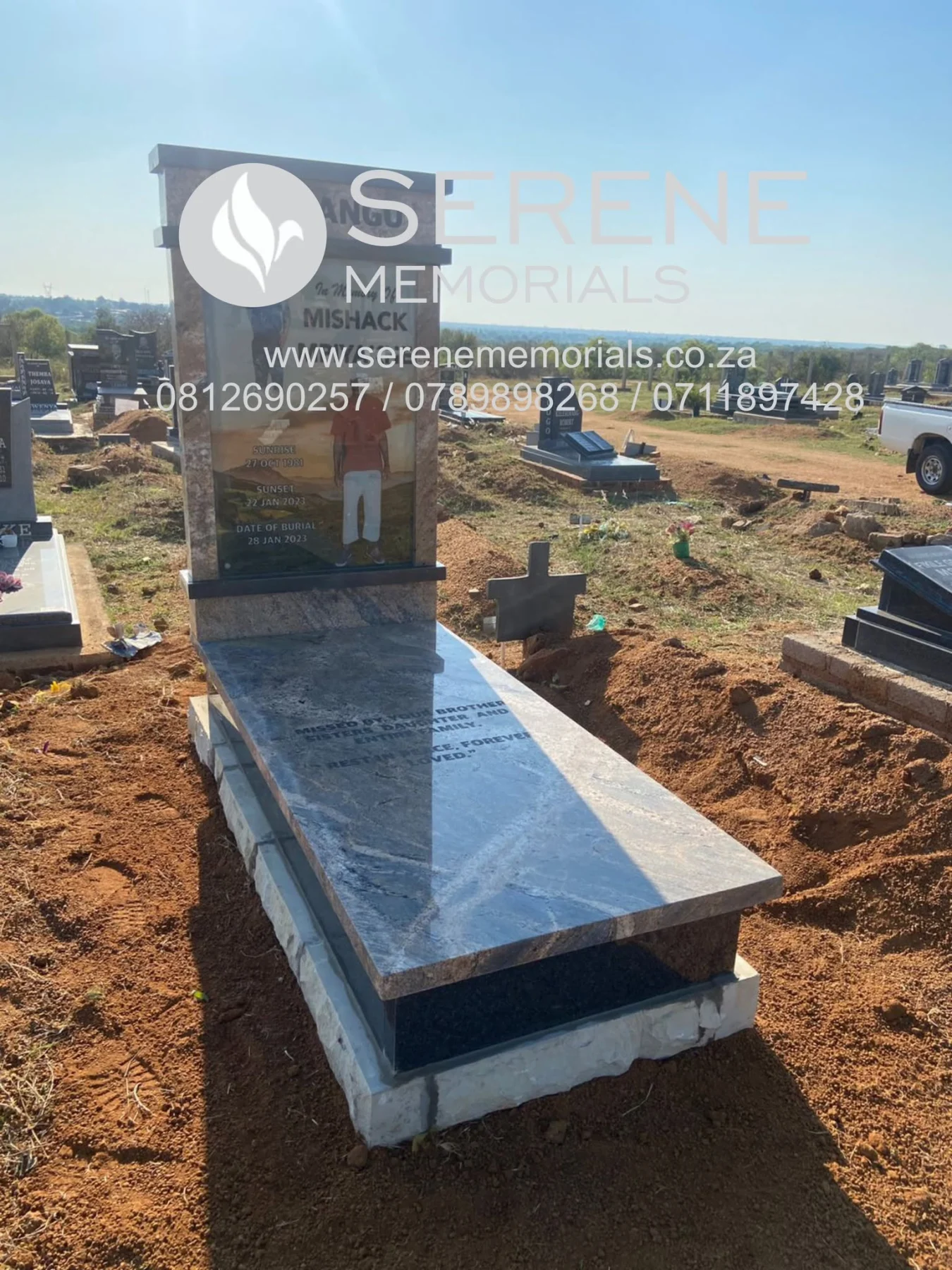Completed tombstone memorial by Serene Memorials, serving South Africa and the SADC region