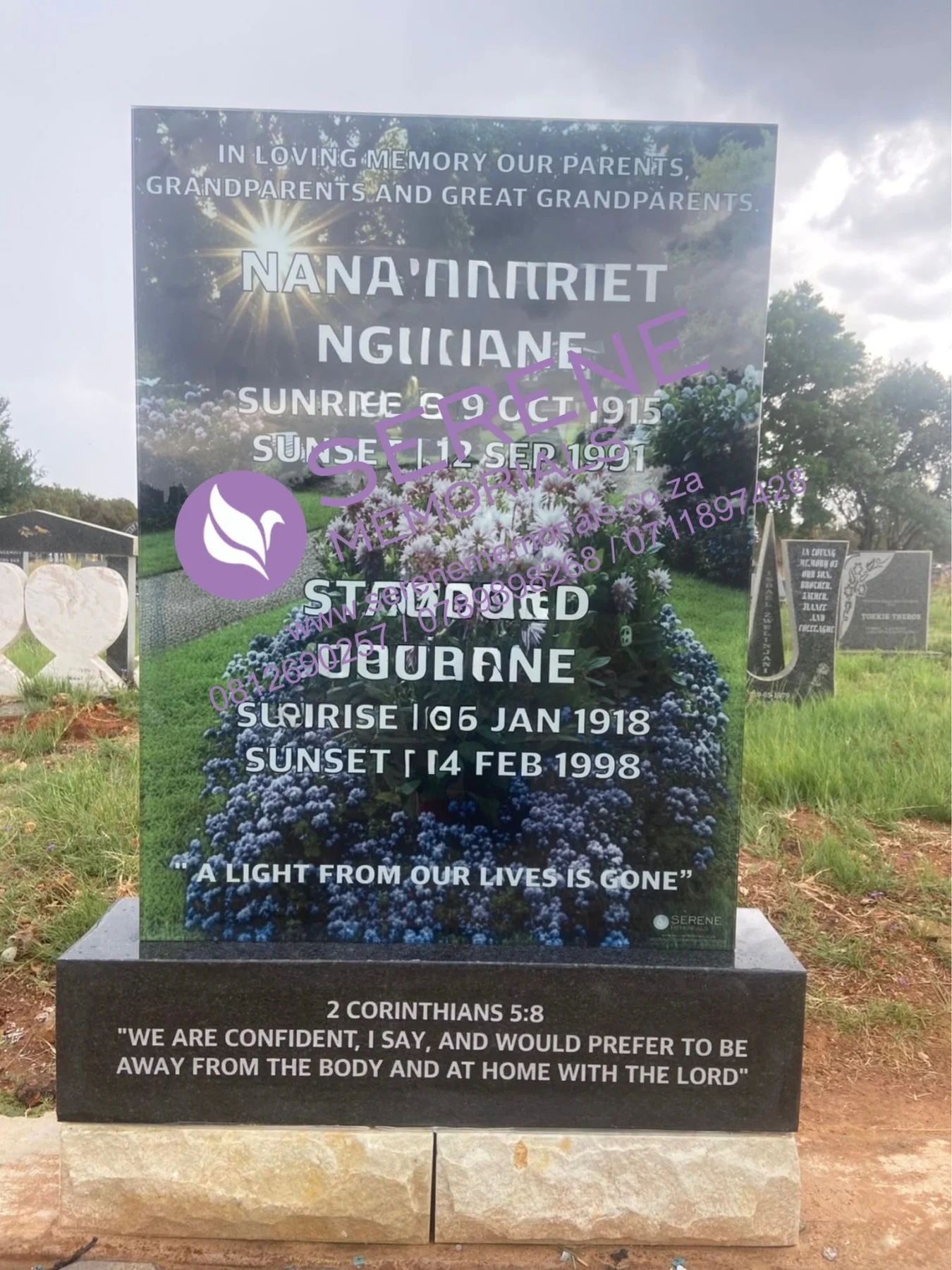 Completed tombstone memorial by Serene Memorials, serving South Africa and the SADC region