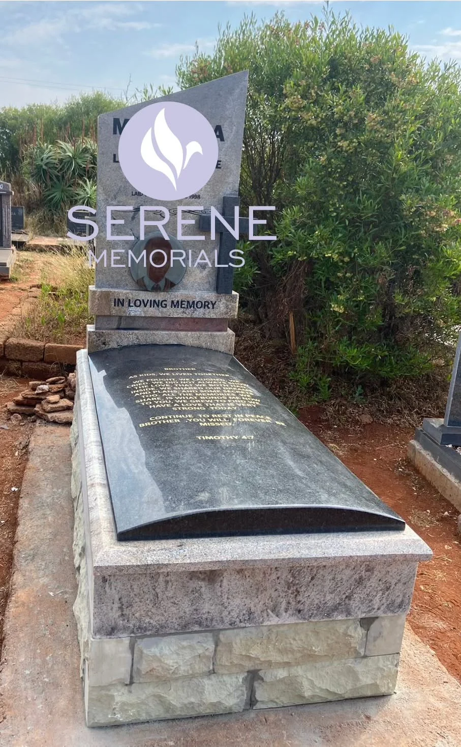 Completed tombstone memorial by Serene Memorials, serving South Africa and the SADC region