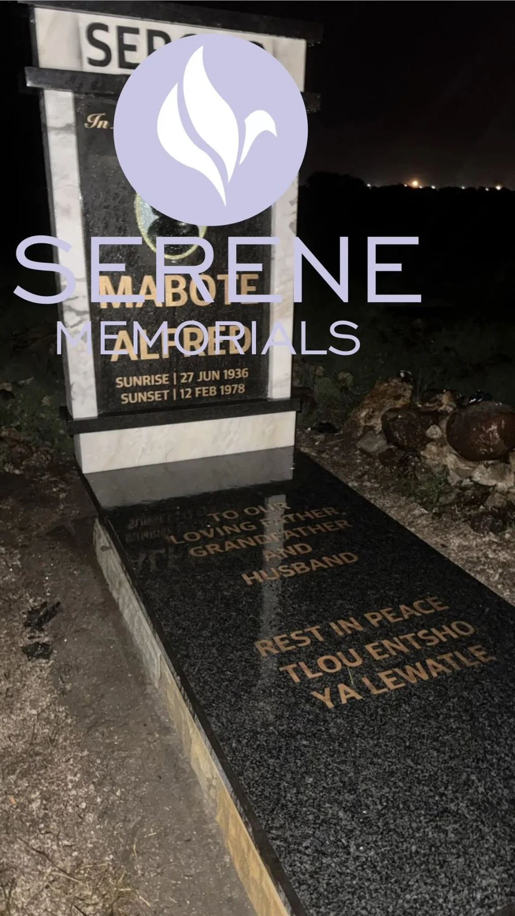 Completed tombstone memorial by Serene Memorials, serving South Africa and the SADC region