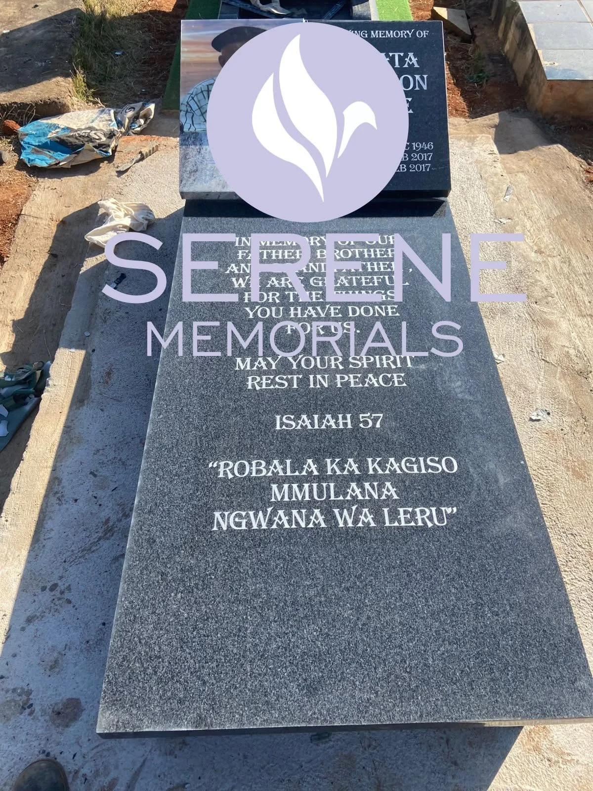 Completed tombstone memorial by Serene Memorials, serving South Africa and the SADC region