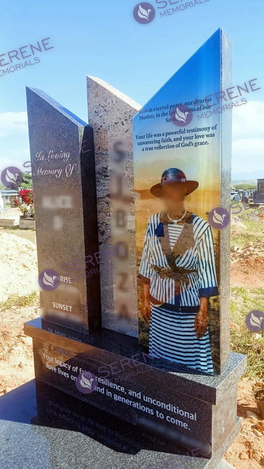 Completed tombstone memorial by Serene Memorials, serving South Africa and the SADC region