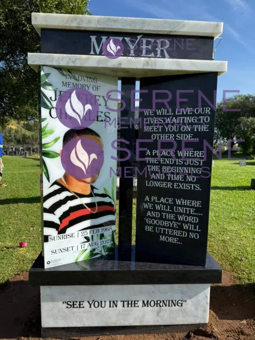 Completed tombstone memorial by Serene Memorials, serving South Africa and the SADC region
